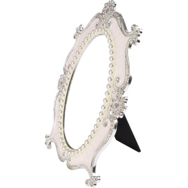 Nerien Vintage Vanity Tabletop Mirror, Metal Oval Decorative Makeup Mirror with Stand, Antique Table Cosmetic Mirror, Coquette Countertop Desk Dresser Mirror for Home Bedroom Bathroom (White, M)