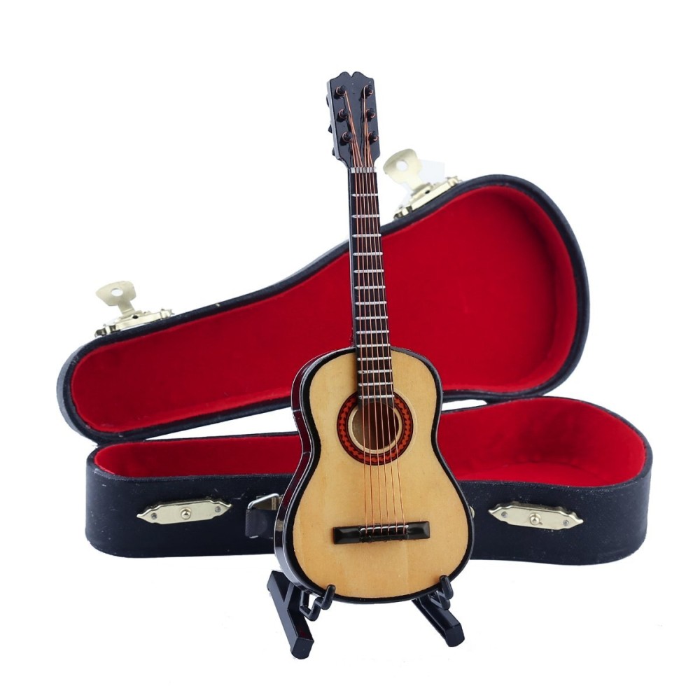 Dselvgvu Wooden Miniature Guitar with Stand and Case Mini Musical Instrument Guitar Replica Collectible Figurines Dollhouse Accessories Model Home Decoration Display Ornament (5.91x2.17x0.74)