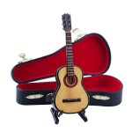 Dselvgvu Wooden Miniature Guitar with Stand and Case Mini Musical Instrument Guitar Replica Collectible Figurines Dollhouse Accessories Model Home Decoration Display Ornament (5.91x2.17x0.74)