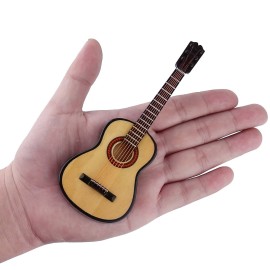 Dselvgvu Wooden Miniature Guitar with Stand and Case Mini Musical Instrument Guitar Replica Collectible Figurines Dollhouse Accessories Model Home Decoration Display Ornament (5.91x2.17x0.74)