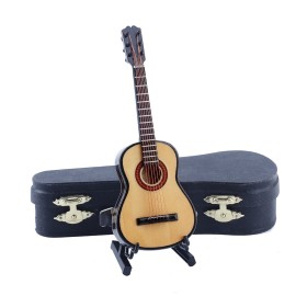 Dselvgvu Wooden Miniature Guitar with Stand and Case Mini Musical Instrument Guitar Replica Collectible Figurines Dollhouse Accessories Model Home Decoration Display Ornament (5.91x2.17x0.74)