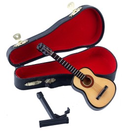Dselvgvu Wooden Miniature Guitar with Stand and Case Mini Musical Instrument Guitar Replica Collectible Figurines Dollhouse Accessories Model Home Decoration Display Ornament (5.91x2.17x0.74)