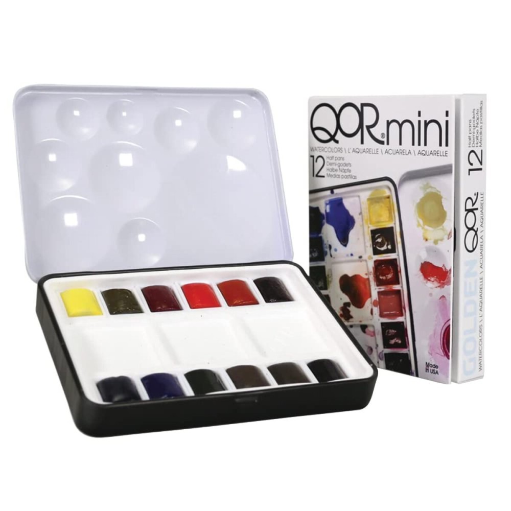 QoR Mini Set by GOLDEN, 12 Half Pan Watercolors, Professional Watercolor Paint Set