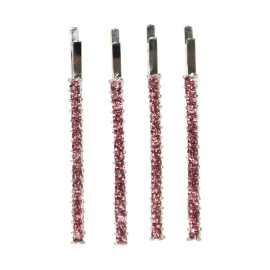 Silver Rhinestone Studded Hair Barette Bobby Pin Clip | 4 Count | Pink