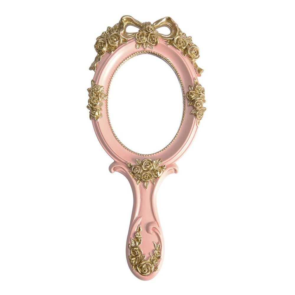 Nerien Handheld Mirror Vanity Makeup Mirror Travel Princess Metal Cosmetic Mirror Portable Oval Embossed Rose Mirrors Decorative Desk Girl Student Vintage Beautiful Handle Mirrors Pink-3