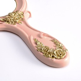 Nerien Handheld Mirror Vanity Makeup Mirror Travel Princess Metal Cosmetic Mirror Portable Oval Embossed Rose Mirrors Decorative Desk Girl Student Vintage Beautiful Handle Mirrors Pink-3