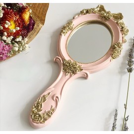 Nerien Handheld Mirror Vanity Makeup Mirror Travel Princess Metal Cosmetic Mirror Portable Oval Embossed Rose Mirrors Decorative Desk Girl Student Vintage Beautiful Handle Mirrors Pink-3