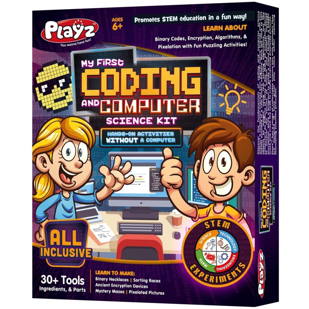 Playz My First Coding & Computer Science Kit - Learn About Binary Codes, Encryption, Algorithms & Pixelation Through Fun Puzzling Activities Without Using a Computer for Boys, Girls, Teenagers, Kids