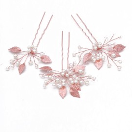 FXmimior Bridal Headpiece Vintage Crystal Leaf Hair Pins Bobby Pins Wedding Party Hair Accessories(pack of 3) (rose gold)