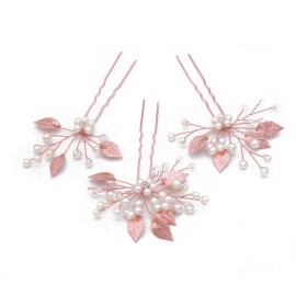 FXmimior Bridal Headpiece Vintage Crystal Leaf Hair Pins Bobby Pins Wedding Party Hair Accessories(pack of 3) (rose gold)
