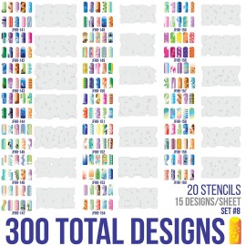 Custom Body Art Airbrush Nail Stencils - Design Series Set  8 Includes 20 Individual Nail Templates with 16 Designs Each for a Total of 320 Designs of Series 8