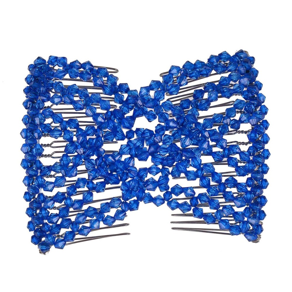 Lovef Easy Magic Hair Beauty Decoration Comb Pearl Stretchy Beaded Hairpin Bow Double Combs Lady in Assorted Color (Blue)