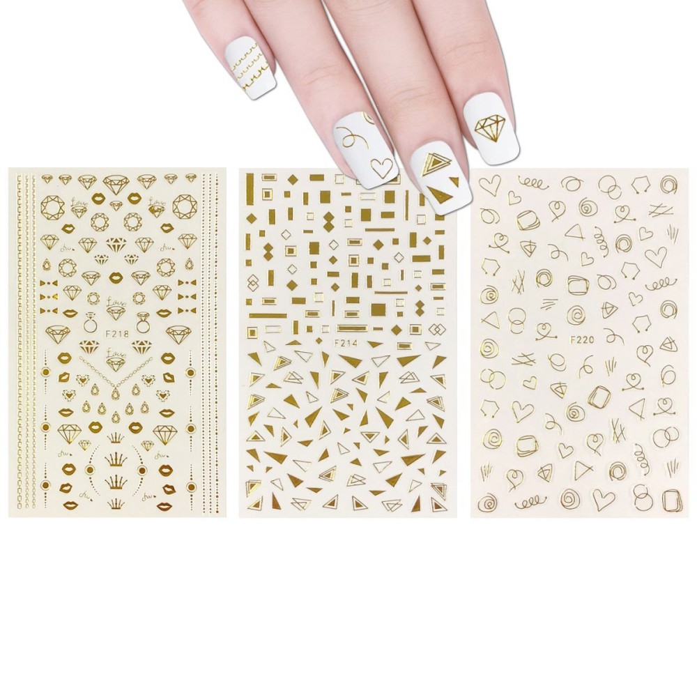 ALLYDREW 3 Sheets Gold Shapes & Gold Diamonds Nail Art Gold Shapes & Gold Diamonds Nail Stickers