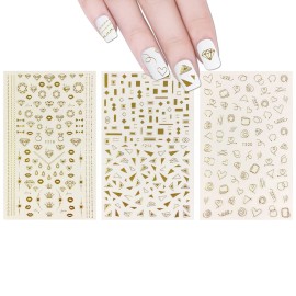 ALLYDREW 3 Sheets Gold Shapes & Gold Diamonds Nail Art Gold Shapes & Gold Diamonds Nail Stickers