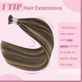 YoungSee I Tip Hair Extensions Human Hair Brown Highlight Itips Hair Extensions Human Hair Dark Brown with Blonde Highlight Tip Hair Extension 20 Inch Stick Tip Hair Extension Soft 50s 50g