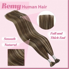 YoungSee I Tip Hair Extensions Human Hair Brown Highlight Itips Hair Extensions Human Hair Dark Brown with Blonde Highlight Tip Hair Extension 20 Inch Stick Tip Hair Extension Soft 50s 50g