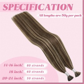 YoungSee I Tip Hair Extensions Human Hair Brown Highlight Itips Hair Extensions Human Hair Dark Brown with Blonde Highlight Tip Hair Extension 20 Inch Stick Tip Hair Extension Soft 50s 50g