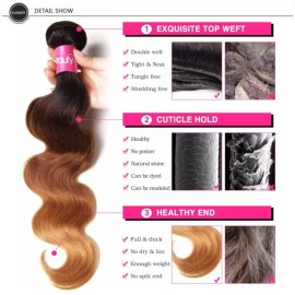 Sunber Ombre Brazilian Hair Bundles Body Wave 12A Grade Human Virgin Hair One Bundles 3 Tone 1B/4/27 Color Hair Extensions 16Inch T1B/4/27 Color
