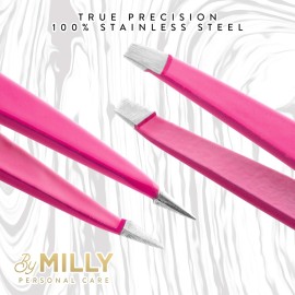 By MILLY Precision Tweezers Set | Slanted and Pointed Tip Tweezers Kit | High Carbon Stainless Steel | Aligned & Hand-Filed Tweezer Set Professional | Hair Removal & Eyebrow Tweezer Set | Pink By MILLY Precision Tweezers Set | Slanted and Pointed Tip Tweezers Kit | High Carbon Stainless Steel | Aligned & Hand-Filed Tweezer Set Professional | Hair Removal & Eyebrow Tweezer Set | Pink