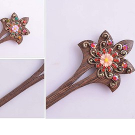 2 Pack Retro Hair Chopsticks Chinese Hair Pins Flower Decor Wooden Vintage Hair Stick (Purple)