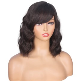 SYMEIW Short Wavy Bob Wigs With Bangs For Women Dark Brown Short Curly Wig Synthetic Heat Resistant Brown Wigs For Black Women(Dark Brown)