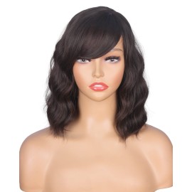 SYMEIW Short Wavy Bob Wigs With Bangs For Women Dark Brown Short Curly Wig Synthetic Heat Resistant Brown Wigs For Black Women(Dark Brown)