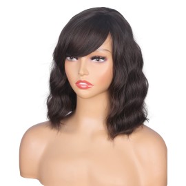 SYMEIW Short Wavy Bob Wigs With Bangs For Women Dark Brown Short Curly Wig Synthetic Heat Resistant Brown Wigs For Black Women(Dark Brown)