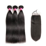 Brazilian Straight Hair With Closure 3 Bundles Unprocessed Virgin Human Hair Bundles With Lace Closure Free Part Hair Extensions Natural Color (20 22 24+18,Free Part)