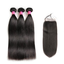 Brazilian Straight Hair With Closure 3 Bundles Unprocessed Virgin Human Hair Bundles With Lace Closure Free Part Hair Extensions Natural Color (20 22 24+18,Free Part)