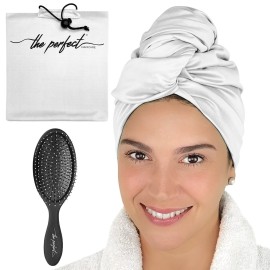 THE PERFECT HAIRCARE Microfiber Curly Hair Towel Wrap with Wet/Dry Brush - Fast Drying and Gentle Detangling for Women, Girls, Kids, Children - Great for Travel, Gifts and Hair Extensions