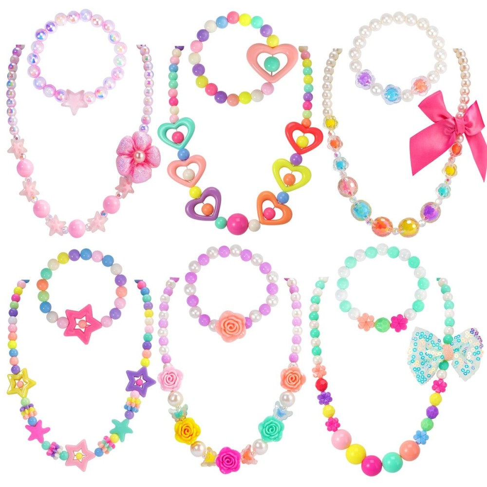 PinkSheep Kids Classic Jewelry, 6 Sets of Beaded Necklaces and Bracelets for Girls, Favors Bags for Girls Jewelry (Classic)