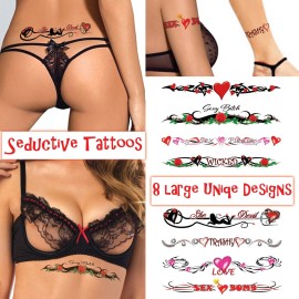 8 Large Sexy Naughty Temporary Tattoos for Women Ladies - Adult Fun for Lower Back Legs Arms Stomach