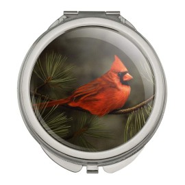 Northern Cardinal Red Pine Perch Compact Travel Purse Handbag Makeup Mirror