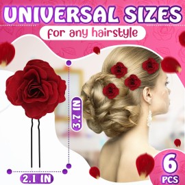 6Pcs Small Red Rose Hair Clip - Large Bobby Pins for Thick Hair Flower Pins Wedding Hair Accessories for Women - Rose Flower Hair Clips for Women\'s Hair Accessories Bridal Hair Pieces for Wedding