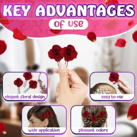 6Pcs Small Red Rose Hair Clip - Large Bobby Pins for Thick Hair Flower Pins Wedding Hair Accessories for Women - Rose Flower Hair Clips for Women\'s Hair Accessories Bridal Hair Pieces for Wedding