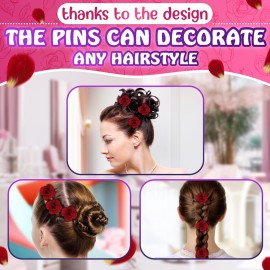 6Pcs Small Red Rose Hair Clip - Large Bobby Pins for Thick Hair Flower Pins Wedding Hair Accessories for Women - Rose Flower Hair Clips for Women\'s Hair Accessories Bridal Hair Pieces for Wedding