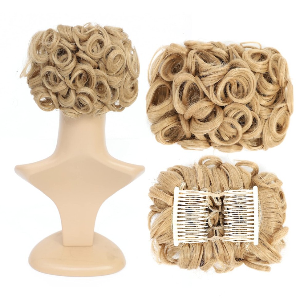 SWACC Short Messy Curly Dish Hair Bun Extension Easy Stretch hair Combs Clip in Ponytail Extension Scrunchie Chignon Tray Ponytail Hairpieces (Honey Golden Blonde-18)