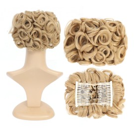 SWACC Short Messy Curly Dish Hair Bun Extension Easy Stretch hair Combs Clip in Ponytail Extension Scrunchie Chignon Tray Ponytail Hairpieces (Honey Golden Blonde-18)