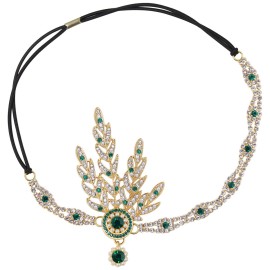 BABEYOND Art Deco 1920\'s Flapper Great Gatsby Inspired Leaf Medallion Pearl Headpiece Headband (Green)