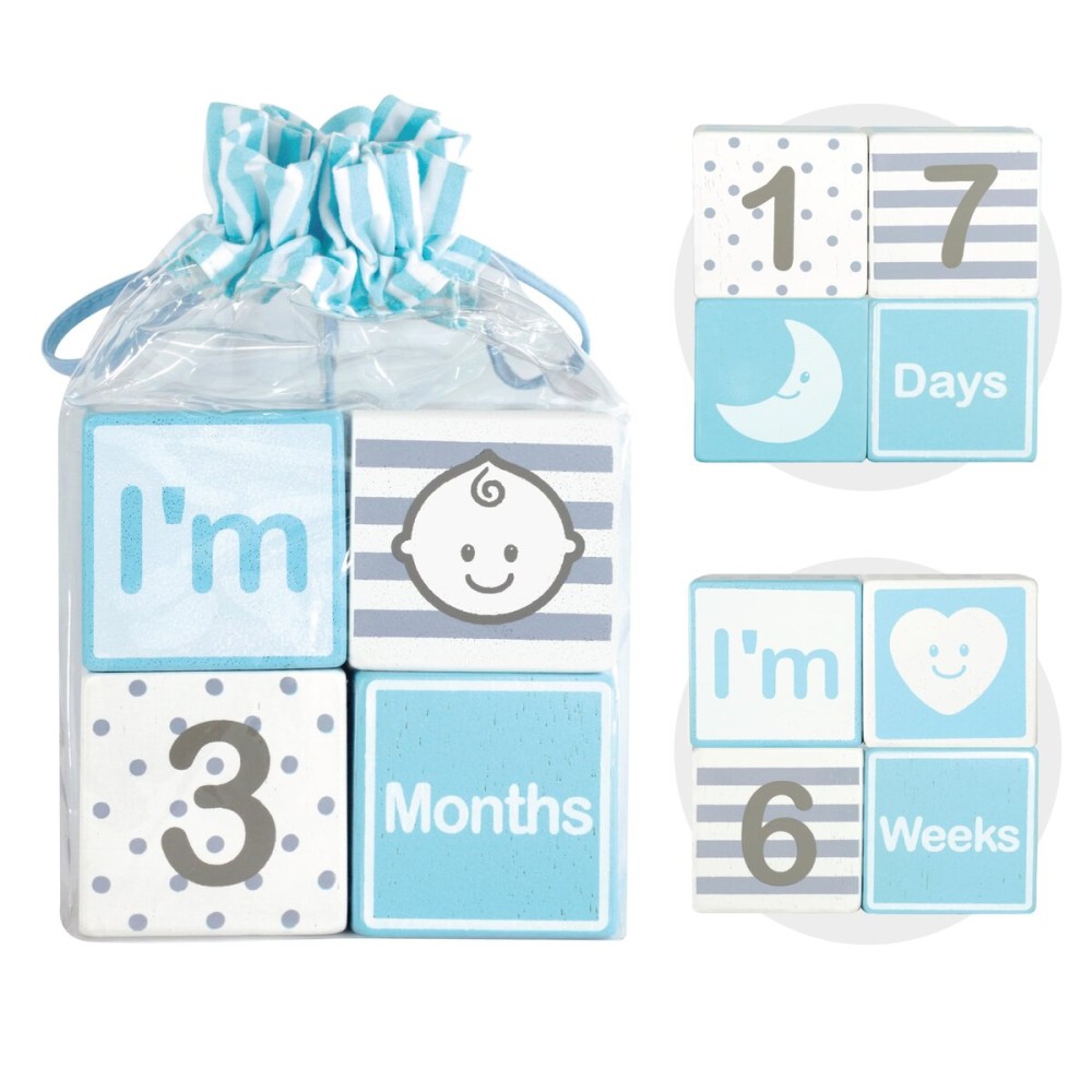 I\'m Solid Wood Monthly Weekly Yearly Milestone Age Blocks, Newborn Gifts & Keepsakes for Picture Props (4 Pcs/Blue)