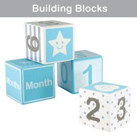 I\'m Solid Wood Monthly Weekly Yearly Milestone Age Blocks, Newborn Gifts & Keepsakes for Picture Props (4 Pcs/Blue)
