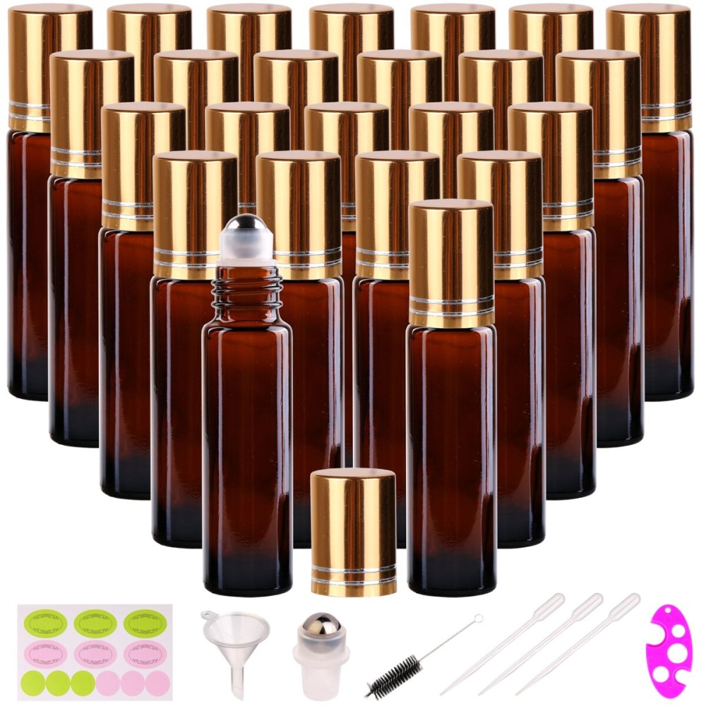 inice 24 Pack Roller Bottles for Essential Oils, Amber Galss 10ml Roll On Bottle with Stainless Steel Roller Balls and Metal Caps