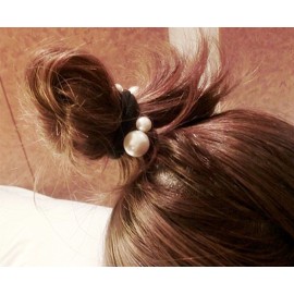 10 Pcs Women\'s Artificial Pearl Black Elastic Rubber Headbands - No Damage Seamless Hair Ropes with Ponytail Holders