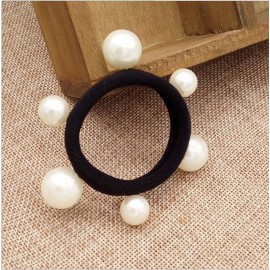 10 Pcs Women\'s Artificial Pearl Black Elastic Rubber Headbands - No Damage Seamless Hair Ropes with Ponytail Holders