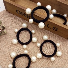 10 Pcs Women\'s Artificial Pearl Black Elastic Rubber Headbands - No Damage Seamless Hair Ropes with Ponytail Holders