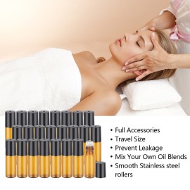 Easytle Essential Oil Roller Bottles, 24 Pack Amber Glass Balls Roller Bottles 5ml for Essential Oils, Roll on Bottle (96 Pieces Labels, 4 Funnels, 4 Dropper, 2 Opener)