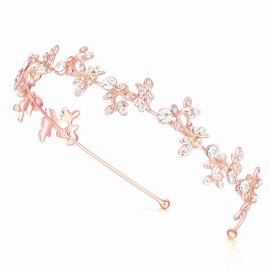 Ammei Headpiece Gold Headband Bridal Tiara Flower Shape Women\'s Headpiece Wedding Hair Accessories (Light Rose Gold)