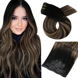 Moresoo Seamless Clip in Hair Extensions Balayage Real Human Hair Ombre Black to Brown with Caramel Blonde PU Seamless Clip ins Human Hair Balayage 20inch 7pcs 120g