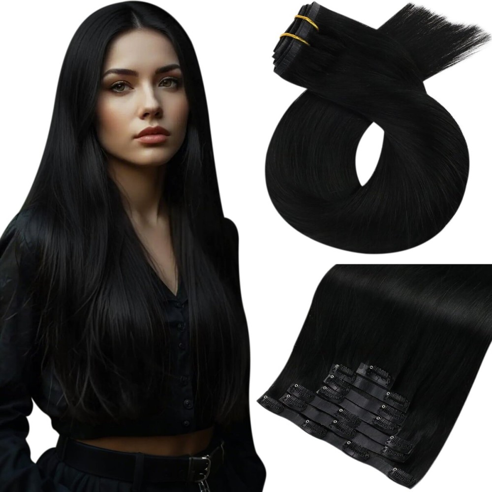 Moresoo Seamless Hair Extensions Clip in Human Hair Jet Black PU Weft Clip in Extensions Human Hair 1 Jet Black 120g 7Pieces 22inch