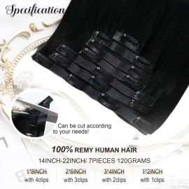 Moresoo Seamless Hair Extensions Clip in Human Hair Jet Black PU Weft Clip in Extensions Human Hair 1 Jet Black 120g 7Pieces 22inch